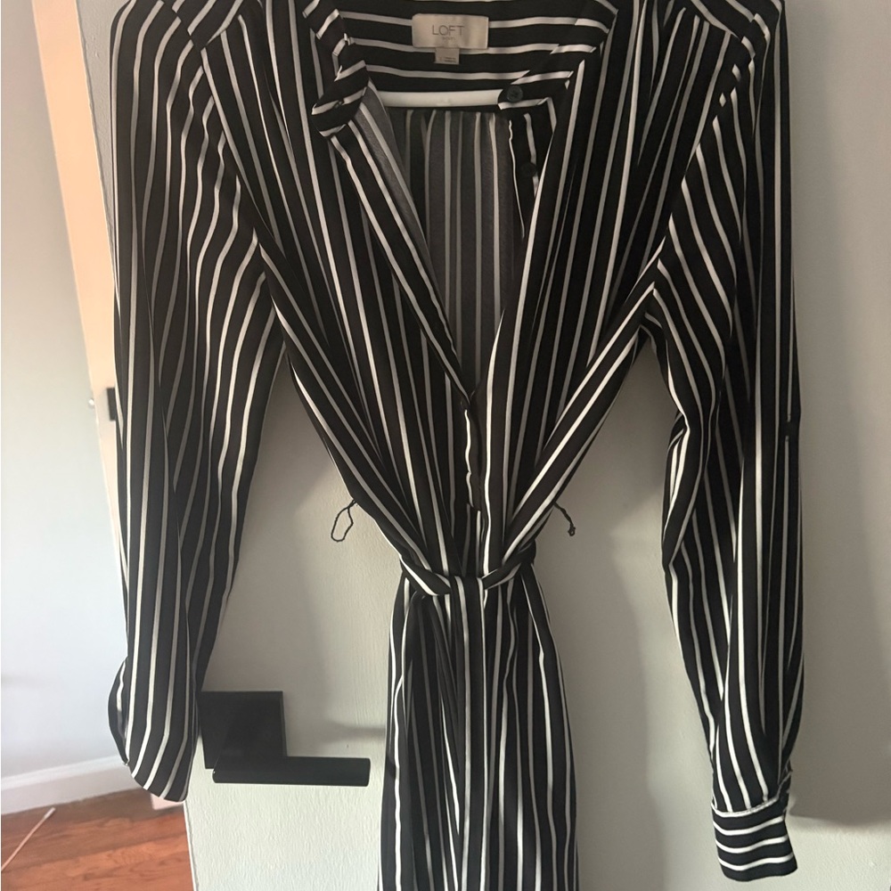 LOFT Black & White Striped Tie-Waist Dress